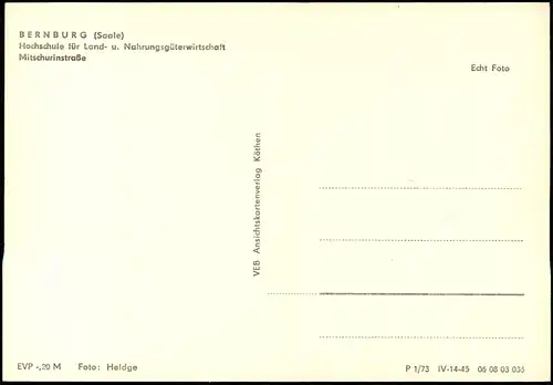 Bernburg Saale  Hochschule Land-  Nahrungsgüterwirtschaft Mitschurinstraße 1973