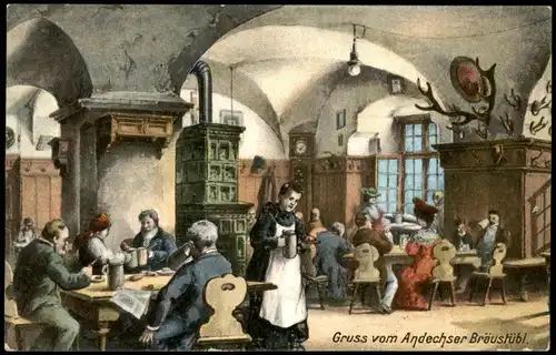 Ansichtskarte Andechs Bräustübl - Gastraum 1912