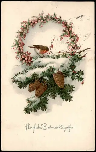 Weihnachten - Christmas, Vogel im Kranz Tannenzweige Zapfen 1926