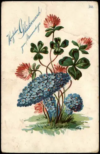 Glückwunsch Geburtstag Birthday Jugenstil Kleeblätter, Pilz aus Feilchen 1904