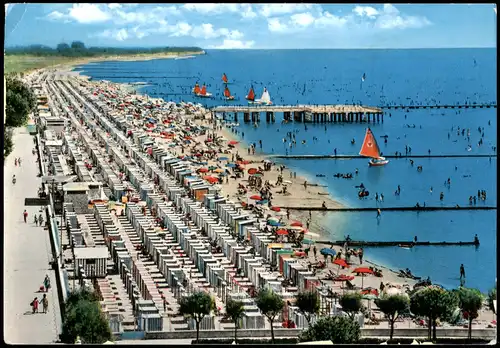 Cartoline Grado Grau Isola del Sole - Strand aus der Vogelschau 1962