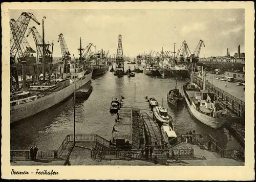 Ansichtskarte Bremen Freihafen, Kräne, Entladung von Schiffen 1956