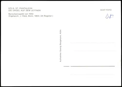 Ansichtskarte Köln ORGEL LETTNER Barockprospekt St. Pantaleon-Kirche 1960