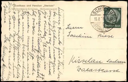 Schönau im Schwarzwald Gasthaus Pension Sternen Schönenberg 1937