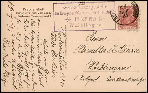 Freudenstadt Kurhaus Teuchelwald 1921  gel. Bezirksversorgungsstelle Waiblingen