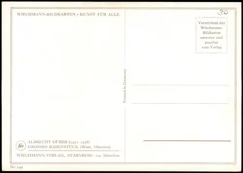 Künstlerkarte ALBRECHT DÜRER: GROSSES RASENSTÜCK (Wien, Albertina) 1960