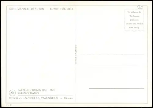 Ansichtskarte  Künstlerkarte ALBRECHT DÜRER (1471-1528) BETENDE HÄNDE 1960
