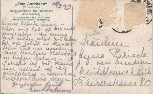 Ansichtskarte Hahnenklee-Bockswiese-Goslar Berggasthaus "Auerhahn" 1909