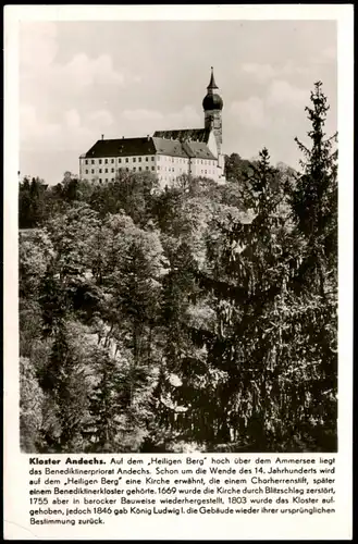 Ansichtskarte Andechs Kloster mit Chronik-Text 1953