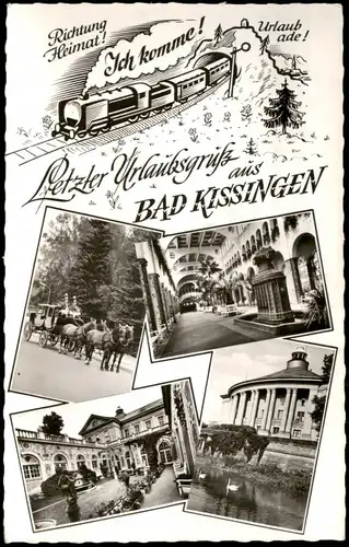 Bad Kissingen Mehrbildkarte Stadtteilansichten mit Eisenbahn "Ich komme" 1960