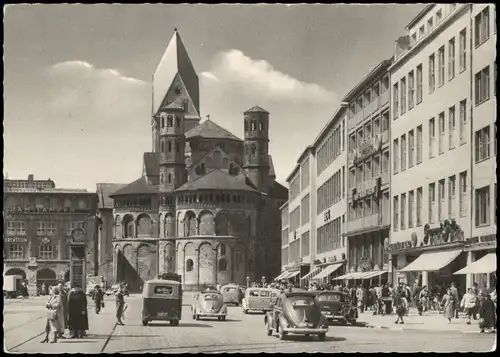 Ansichtskarte Köln St.-Aposteln-Kirche am Neumarkt, Autos ua. VW Käfer 1955