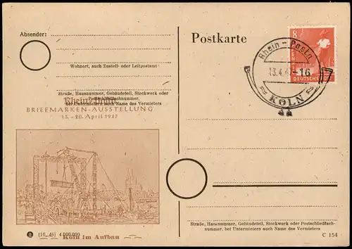 Köln Köln im Aufbau Rhein-Posta Ausstellung 1947 gel. Sonderstempel