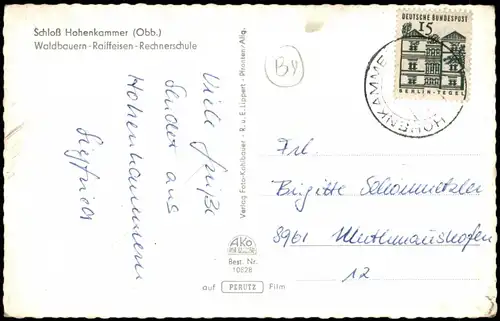 Hohenkammer Schloß Hohenkammer, Waldbauern-Raiffeisen-Rechnerschule 1960   gelaufen mit Stempel HOHENKAMMER