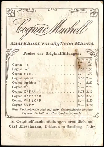 Ansichtskarte  Werbe AK Cognac Macholl - Kieselmann Lahr 1912 Prägekarte