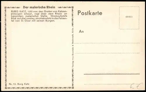 Ansichtskarte St. Goarshausen Burg Katz, Rhein 1928