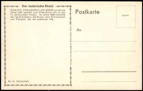 Ansichtskarte Stolzenfels-Koblenz Schloß Stolzenfels/Burg Stolzenfels 1922