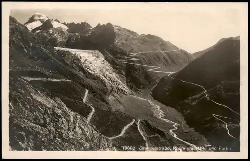 Ansichtskarte Gletsch Grimselstraße mit Rhonegletscher und Furka 1935