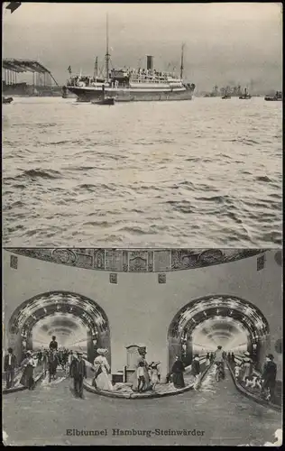 Ansichtskarte St. Pauli-Hamburg Elbtunnel Fußgänger, Dampfer 1934