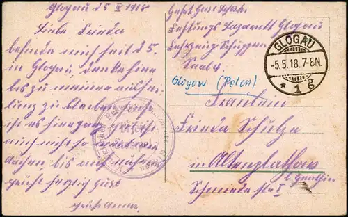 Postcard Glogau Głogów Landratsamt 1918  gel. Feldpost WK1