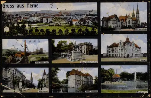 Ansichtskarte Herne Postamt, Bahnhofstraße, Stadtgarten uvm 1921