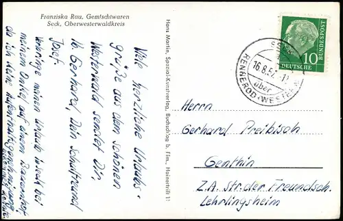 Ansichtskarte Seck (Westerwald) Stadt, Kirche, Schule 1957  gel. Landpoststempel