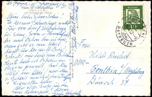 Ansichtskarte Fleckl-Warmensteinach Stadt 1962  gel. Landpoststempel ü. Bayreuth