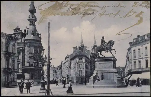 Postkaart Antwerpen Anvers Straße - Statue Leopold 1917