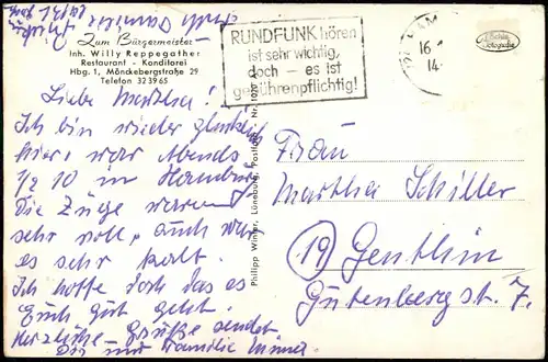 Hamburg Zum Bürgermeister Konditorei W. Reppegather Mönckebergstraße 29 1950