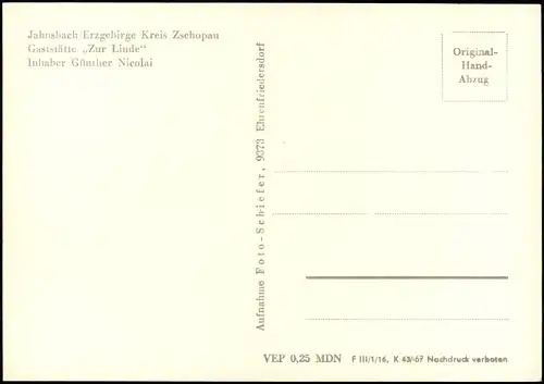 Jahnsbach Gaststätte Zur Linde Inhaber Günther Nicolai DDR AK 1967