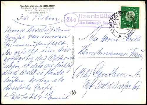 Jesteburg Waldsanatorium RÜSSELKÄFER  1960   gelaufen mit Landpoststempel