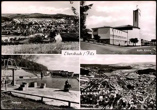 Ebersbach an der Fils Mehrbild-AK Ortsansichten ua. Kirche Freibad Luftbild 1960