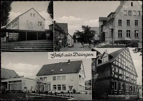 Duingen Mehrbild-AK Schule, Töpferstraße, Sparkasse, Adler Apotheke 1960