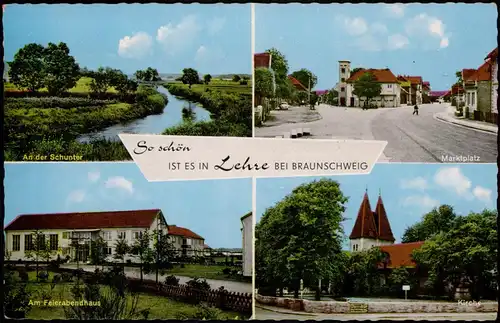 Lehre Mehrbild-AK Marktplatz, Feierabendhaus, Kirche, Schunter 1967