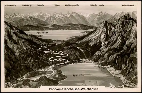Ansichtskarte Kochel am See Walchensee - Panorama, Landkarte 1932