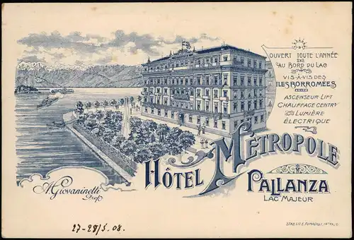 .Italien Italia Karte - Hotel Metropole Lago Maggiore Lac Majeur 1908