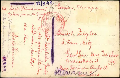 Postcard Görkau Jirkov Marktplatz 1949  gel. Roter Zensurstempel