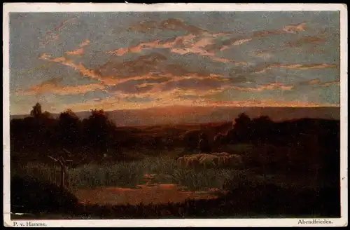 Künstlerkarte: Kunstwerke P.v.Hamme Hirte Schafsherde Abendstimmung 1918