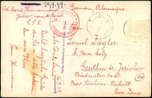Postcard Görkau Jirkov Markt, Tankstelle 1940  gel. Roter Zensurstempel 1949