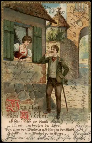 Menschen/Soziales Leben - Liebespaare Mann und Frau am Fenster 1903 Goldrand