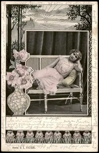 Ansichtskarte  Frauen auf Bank - Jugendstil-Ornamente 1900