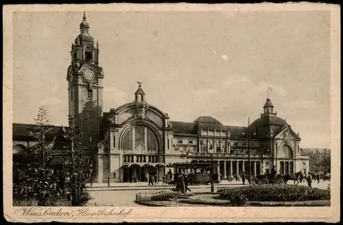Ansichtskarte Wiesbaden Hauptbahnhof, Straßenbahn Kutsche 1937