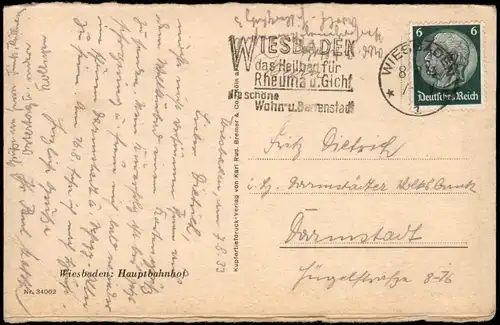Ansichtskarte Wiesbaden Hauptbahnhof, Straßenbahn Kutsche 1937