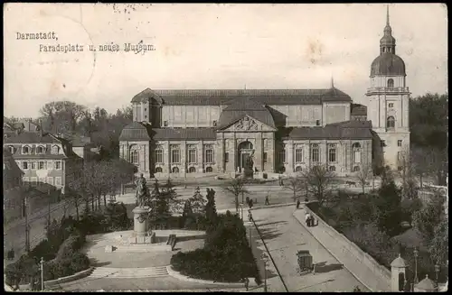 Ansichtskarte Darmstadt Paradeplatz u. neues Museum 1907