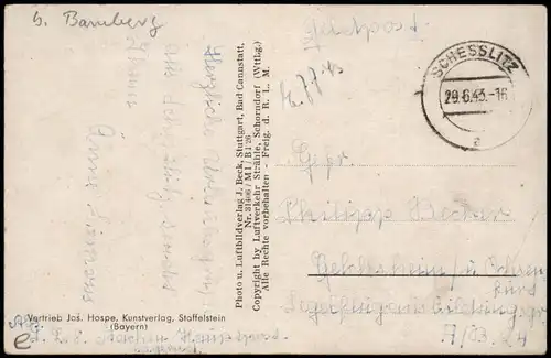 AK Kulmbach Luftbild Giechsches Schloss 1943  gel. Feldpost Schesslitz