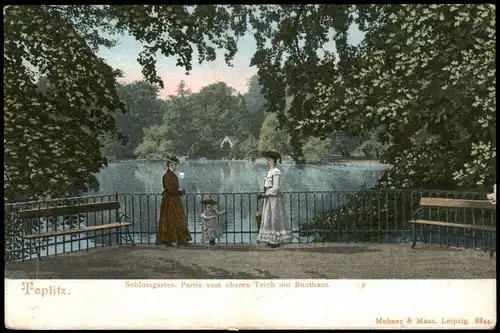 Teplitz-Schönau Teplice Schlossgarten. Partie  oberen Teich mit Boothaus. 1913