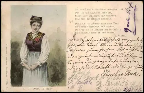 Ansichtskarte  Trachten/Typen Frau R. de Witt "Nelke" 1900 gel. Stempel Ebingen