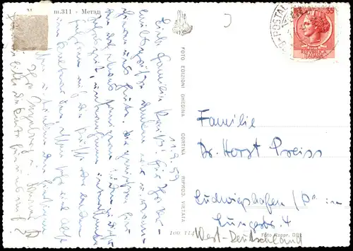 Cartoline Meran Merano Panorama-Ansicht Blick zu den Bergen 1959