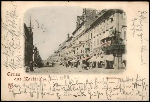 Ansichtskarte Karlsruhe Kaiserstraße - Geschäfte 1899