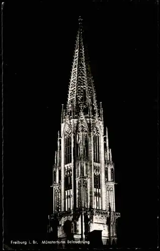 Freiburg im Breisgau Münster bei Beleuchtung 1960   mit "Bestiegen-Stempel"