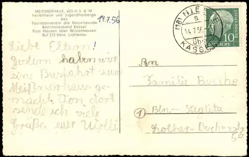 Witzenhausen Hausen Meissnerhaus, Sender 1956  gel. Landpoststempel